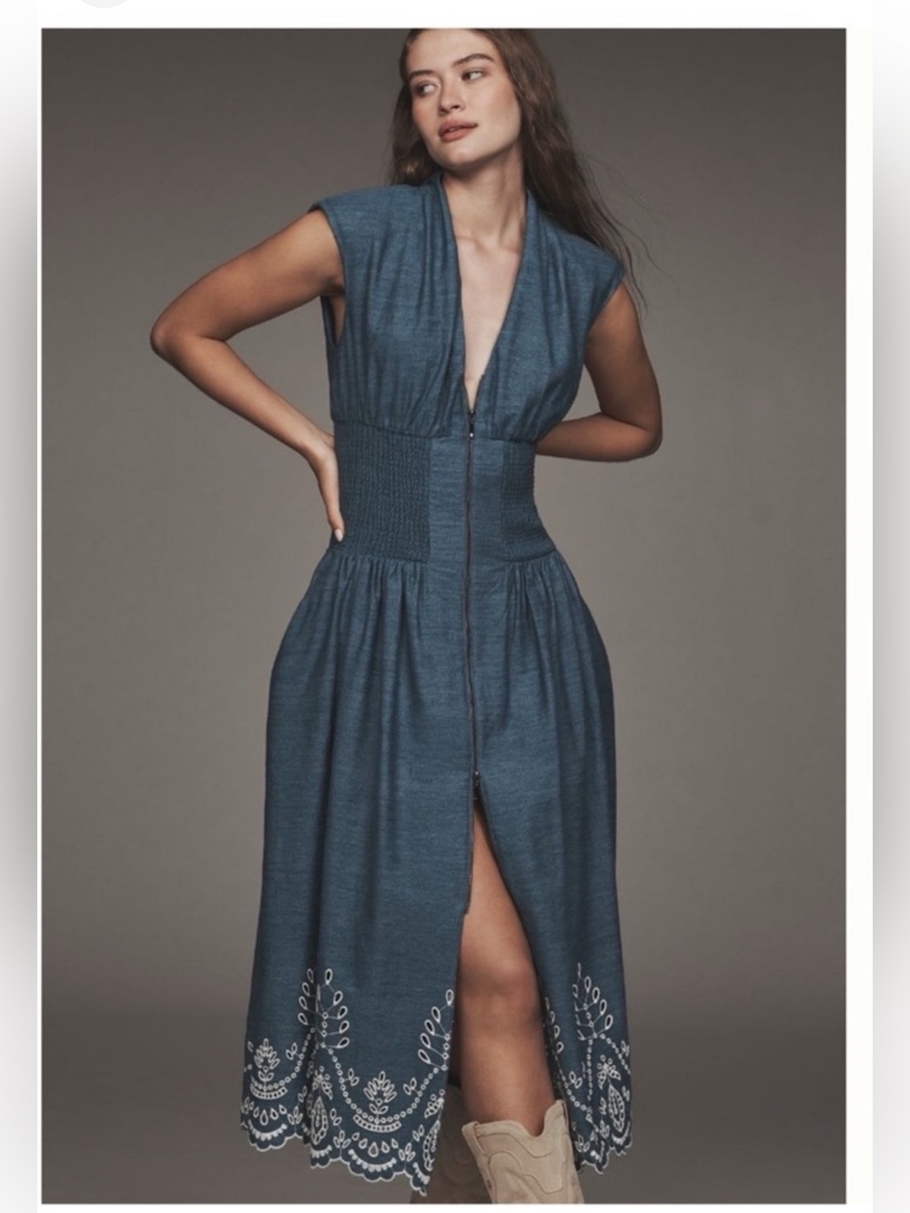 Anthropologie Tommi Cap Sleeve Denim-Blue Embroidered Midi Dress